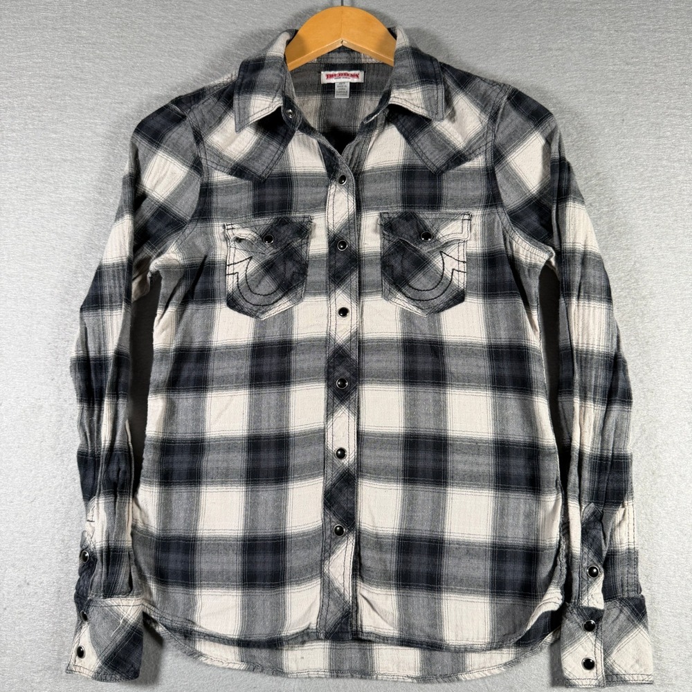 True Religion Womens XS Plaid Western Snap Button Shirt Grey WXQB182MU3